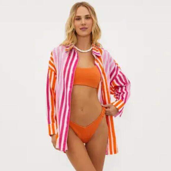Beach Riot NWT Alexa Coverup Button Down Long Sleeve Top Pink Orange LP - Picture 8 of 9